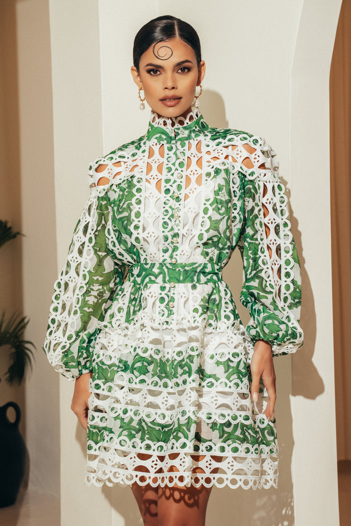EMBROIDERED PRINTED DRESS | GREEN