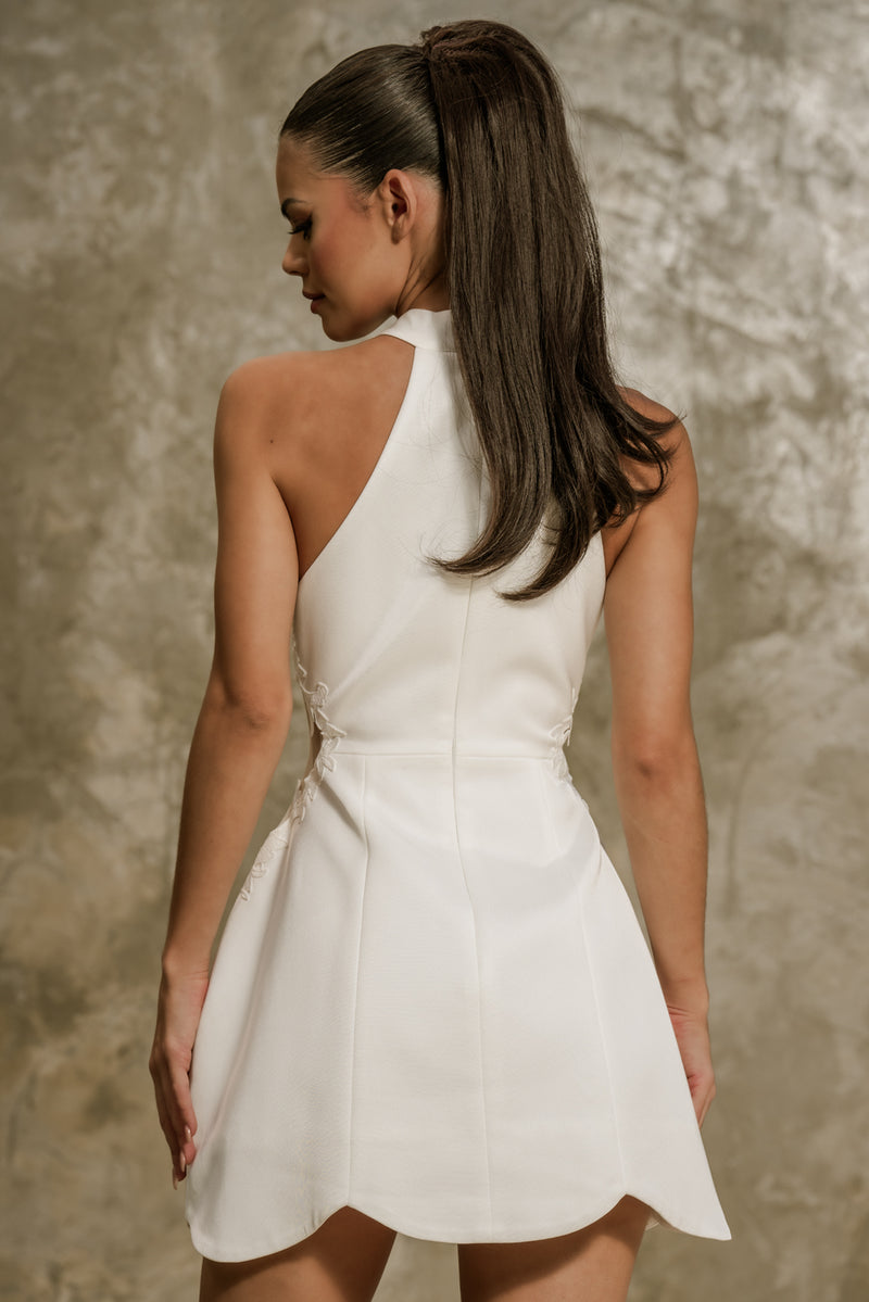 HALTER GUIPURE SHORT DRESS | WHITE